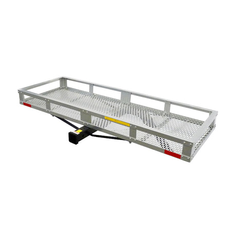 60” x 20” Aluminum Cargo Carrier with Tow Option, featuring a lightweight silver frame, black handle, 5-1/2 high rails, and built-in rear Class III hitch for 3000 lbs. towing.