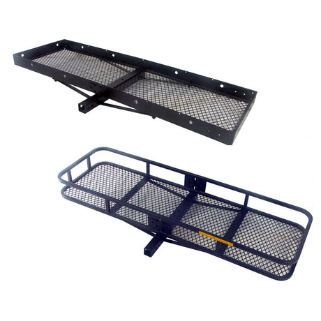 60 x 20 Steel Cargo Carrier with black metal mesh base, reinforced support rails, and multiple tie-down holes. Available in 3 flat bar or 5-1/2 high tubular rail options.