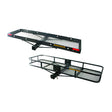 60 x 20 Steel Cargo Carrier with Tow Option featuring a sturdy mesh bottom, black metal frame, and built-in rear Class III hitch for towing and secure tie-down holes.