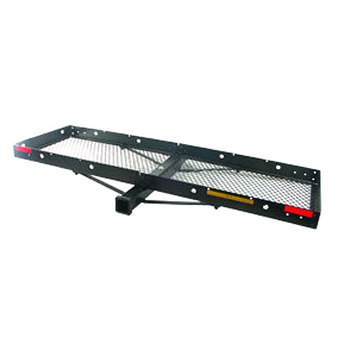 60 x 20 Steel Cargo Carrier with Tow Option featuring black steel construction, red lights, wire mesh base, and built-in Class III hitch for 500 lbs cargo and 3000 lbs trailer capacity.