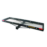 60 x 20 Steel Cargo Carrier with Tow Option featuring black steel construction, red lights, wire mesh base, and built-in Class III hitch for 500 lbs cargo and 3000 lbs trailer capacity.