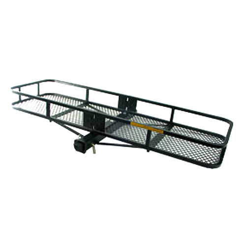 60 x 20 Steel Cargo Carrier with Tow Option, featuring durable black metal construction, mesh bottom, and built-in rear Class III hitch. Suitable for transporting heavy loads and towing additional trailers.