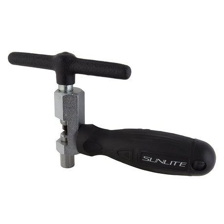 Universal Chain Breaker Tool (Sunlite) with black and silver handle, designed for adjusting and repairing bicycle chains. The tool includes a black case with white text for secure storage.