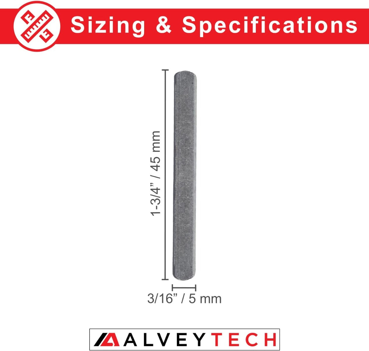 5 mm x 5 mm x 45 mm Axle Key for Coleman CK100, SK100, & Mega Moto MM-K80R Go-Karts, shown as a small, rectangular metal piece with precise measurements.