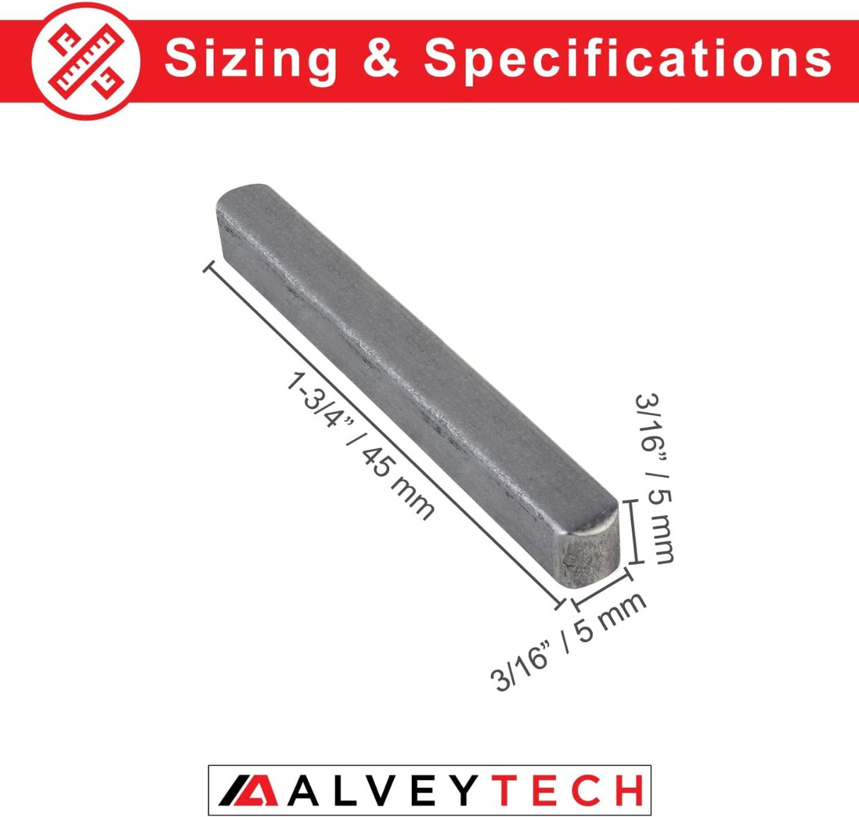 5 mm x 5 mm x 45 mm Axle Key for Coleman CK100, SK100, & Mega Moto MM-K80R Go-Karts, shown as a rectangular metal bar with precise measurements for securing drive wheels on various go-kart models.