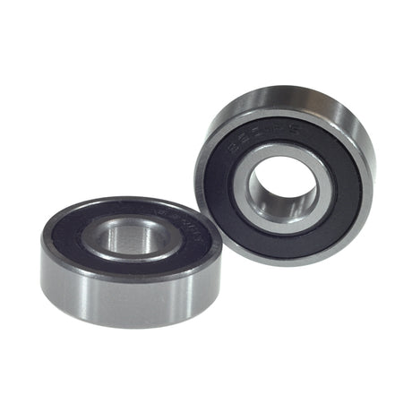 Close-up of 6201-2RS (6201RS) Sealed Mobility Scooter & Power Chair Bearings (Set of 2), showing detailed view of circular, single-row, deep groove ball bearings with a 12 mm bore hole inner diameter.