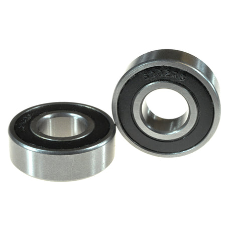 Close-up of 6202-2RS (6202RS) Sealed Scooter Wheel Bearings (Set of 2), showcasing their single-row, deep groove design with 15 mm bore hole inner diameter, ideal for wheels and gearboxes.