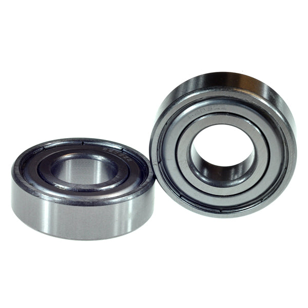 Close-up of two 6203ZZ (6203Z) shielded bearings for scooters, ATVs, dirt bikes, mini bikes, and go karts, clearly showing the metal construction and single-row deep groove ball design.