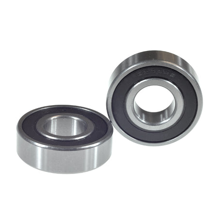 6204-2RS (6204RS) Sealed Scooter Wheel Bearings (Set of 2) shown on a white background, highlighting their metal structure and deep groove ball design, suitable for scooter wheels and various engine components.