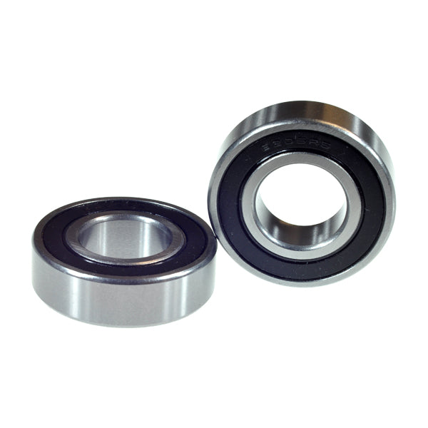 Close-up of 6205-2RS (6205RS) Sealed Scooter Wheel Bearings (Set of 2), highlighting their metal construction and sealed design. Suitable for wheels, transmissions, and gearboxes in GY6/QMB139 engines.