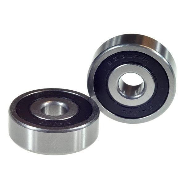 Close-up of 6300-2RS Sealed Wheel Bearings for Mobility Scooters and Power Chairs, showing two chrome steel bearings with rubber seals for dust protection.