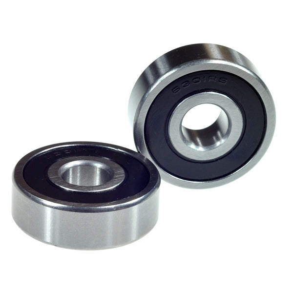 6301-2RS (6301RS) Sealed Scooter Wheel Bearings (Set of 2), circular chrome steel bearings with rubber seals, designed for gas and electric scooters, offering superior protection against dust and grime.