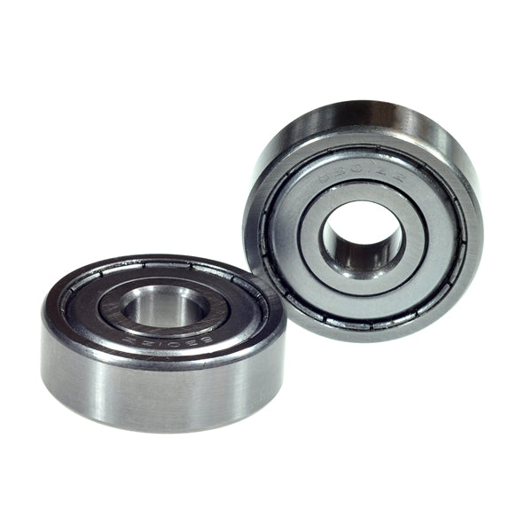 Close-up of 6301ZZ (6301Z) Shielded Scooter Wheel Bearings (Set of 2), highlighting the metal surface and deep groove design, suitable for wheels, transmissions, and gearboxes.