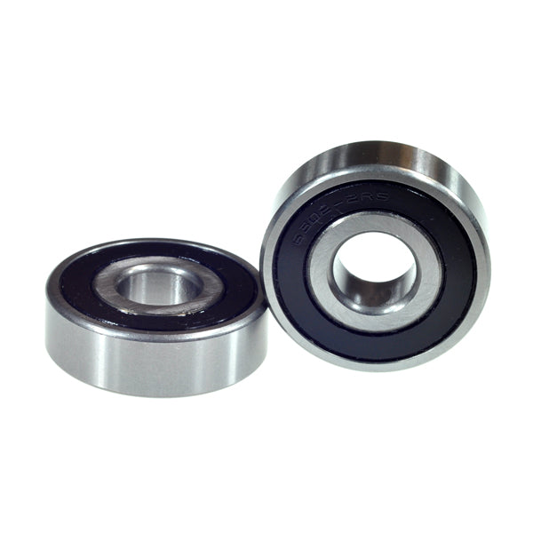 Close-up of two 6302-2RS (6302RS) sealed scooter wheel bearings, featuring rubber seals for superior protection against dust and grime, designed for gas and electric scooters.