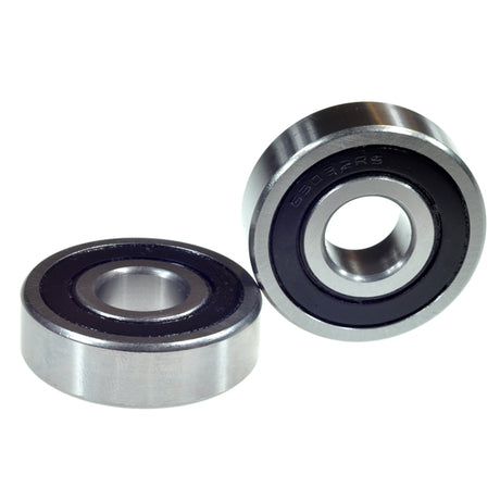 Close-up of 6303-2RS (6303RS) Sealed Scooter Wheel Bearings (Set of 2), showcasing two circular bearings with rubber seals, designed for gas and electric scooters, made from chrome steel, pre-lubricated with grease.