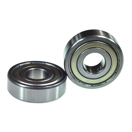 Close-up of 6303ZZ (6303Z) Shielded Scooter Wheel Bearings (Set of 2) showing their metal construction and deep groove ball design, suitable for wheels, transmissions, and GY6/QMB139 engine components.