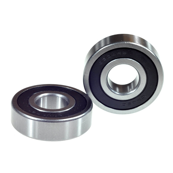 Close-up of 6304-2RS (6304RS) Sealed Scooter Wheel Bearings (Set of 2), showcasing circular chrome steel bearings with protective rubber seals for enhanced durability and dust protection.