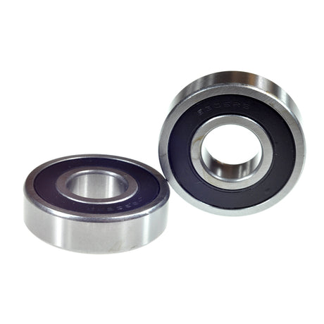 Close-up of two 6305-2RS (6305RS) sealed bearings, ideal for wheel assemblies in scooters, ATVs, and snowmobiles.