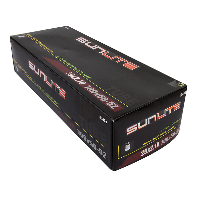 Black box with red and white text, showing the 29 x 2.10 (700 x 50-52) Heavy Duty Thorn Resistant Inner Tube with Straight 48 mm Schrader Valve from Sunlite.