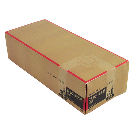 Brown box with red tape containing a 27.5x2.10-2.35 (650B) heavy duty thorn resistant bicycle inner tube with straight 48 mm Schrader valve, labeled with black and red stickers.