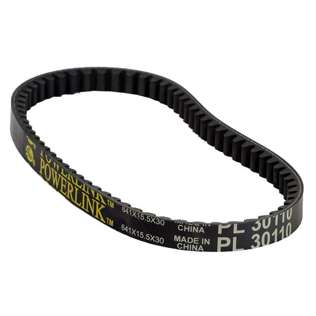 641-15.5-30 49cc Premium Gates Powerlink Belt for Scooter CVT, shown in black with visible text, designed for 49cc automatic CVT street scooters, ATVs, dirt bikes, and go karts, ensuring durability and dependability.