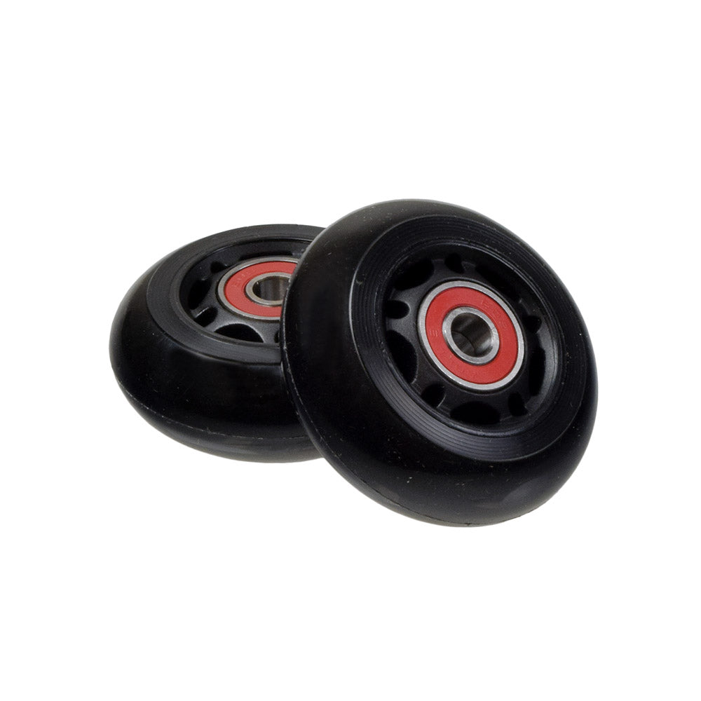 64 mm Caster Wheels with 608 Bearings (Set of 2) featuring black wheels with red centers, ideal for kick scooters, ensuring a safe, smooth ride with ABEC-5 bearings.