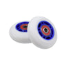 64 mm Caster Wheels with 608 Bearings (Set of 2) for kick scooters. Features white and blue wheels, ideal for replacement and ensuring a smooth ride with included ABEC-5 bearings.