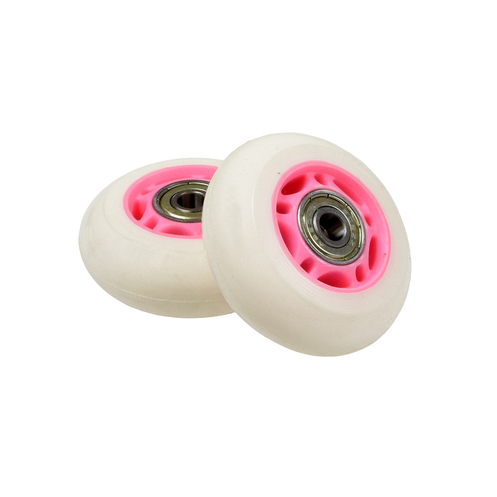 64 mm Caster Wheels with 608 Bearings (Set of 2) for kick scooters. Features a pair of detailed wheels designed for smooth rides, suitable for the rear of Yvolution Fliker lift.