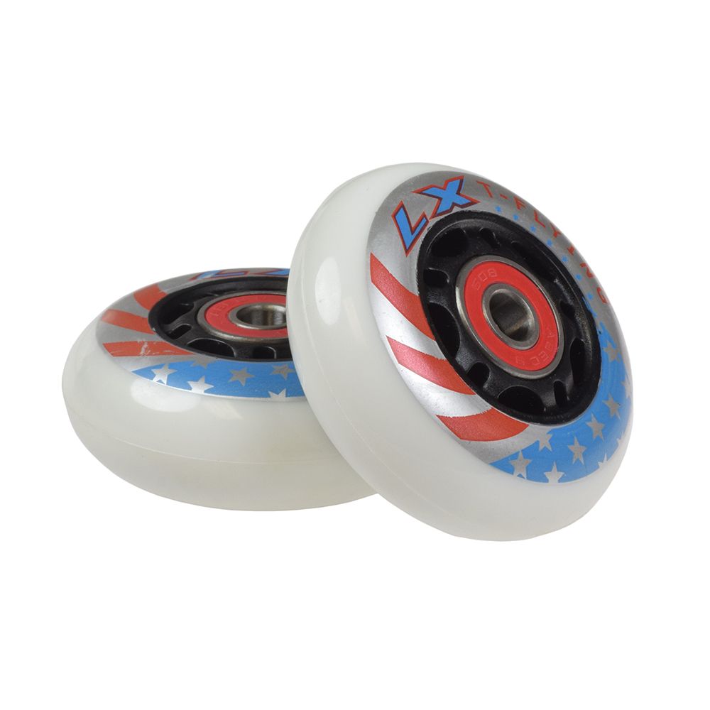 White Stars & Stripes 64 mm Caster Wheel with Bearings (Set of 2): Close-up of two white wheels featuring red and blue designs, complete with spacers and pre-installed ABEC-5 608-2RS bearings.