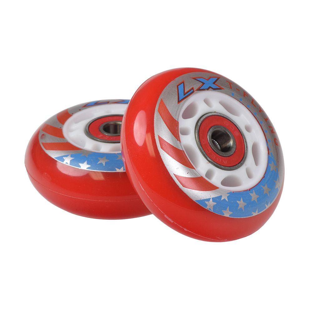 Red Stars & Stripes 64 mm Caster Wheel with Bearings (Set of 2), featuring close-up views of red and silver wheels with pre-installed ABEC-5 608-2RS bearings.