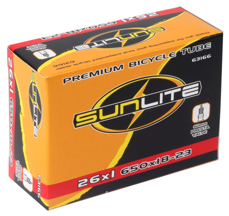 650Cx18-23 Bicycle Inner Tube with 60mm Presta Valve from Sunlite, shown in its packaging, featuring labeled box and logo. Perfect for replacing old bike inner tubes.