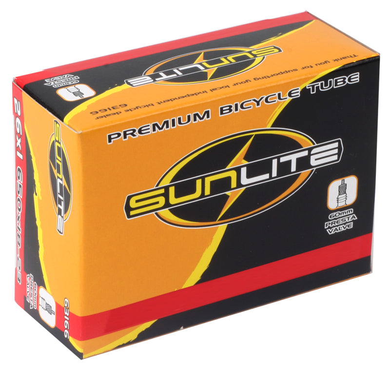 Box of 650Cx18 Bicycle Inner Tube with 32mm Presta Valve from Sunlite, featuring visible text and logo on the packaging.