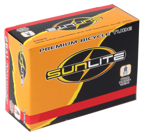 Box labeled 650Cx18 Bicycle Inner Tube with 48mm Presta Valve from Sunlite, featuring a prominent logo and packaging details. Ideal for replacing old bike inner tubes.