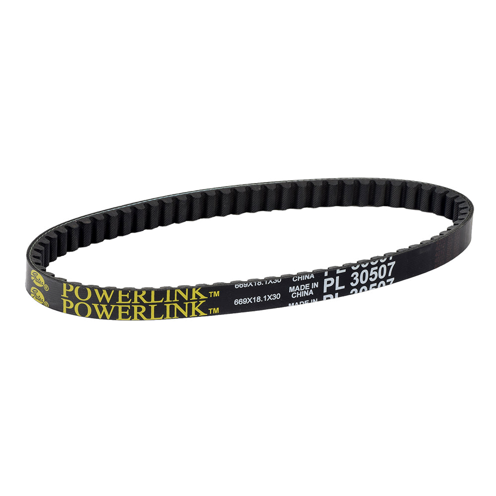 669-18-30 50cc Premium Gates Powerlink Scooter CVT Belt with white text, designed for GY6 engines in scooters, ATVs, and go karts, ensuring durability and dependability across varying speeds and loads.