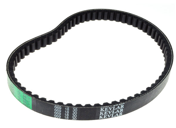 669-18-30 49cc-50cc Aramid Scooter CVT Belt, featuring white text on a black background. Designed for high-stress durability in CVT systems of 49cc-50cc automatic street scooters.