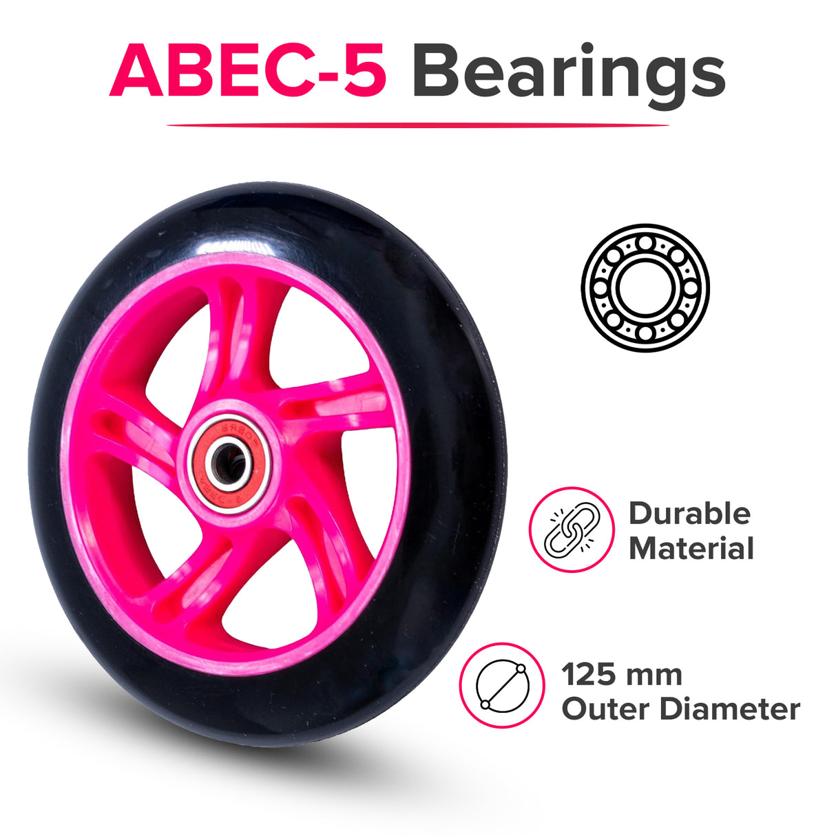 125 mm Kick Scooter Wheel with Black Wheel, Pink Hub, & Bearings (Set of Two)