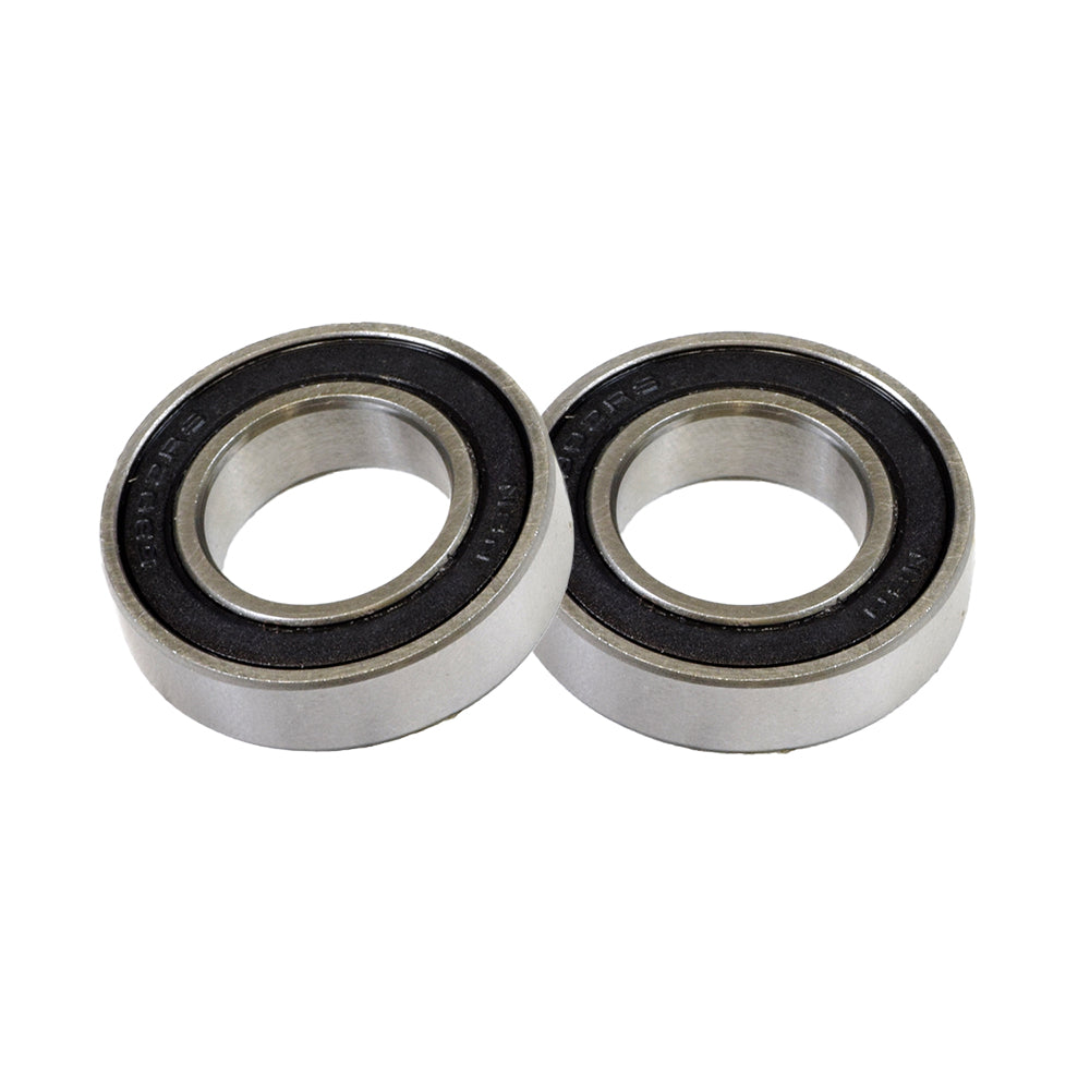 6902-2RS Sealed Bearings for Go-Karts (Set of 2): Close-up of two metal bearings with black rubber rings, designed for connecting the wheel hub to the axle shaft on go-karts like the Realtree RTK200.