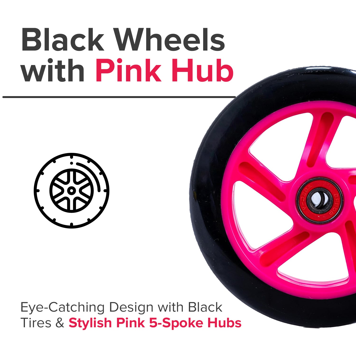 125 mm Kick Scooter Wheel with Black Wheel, Pink Hub, & Bearings (Set of Two)