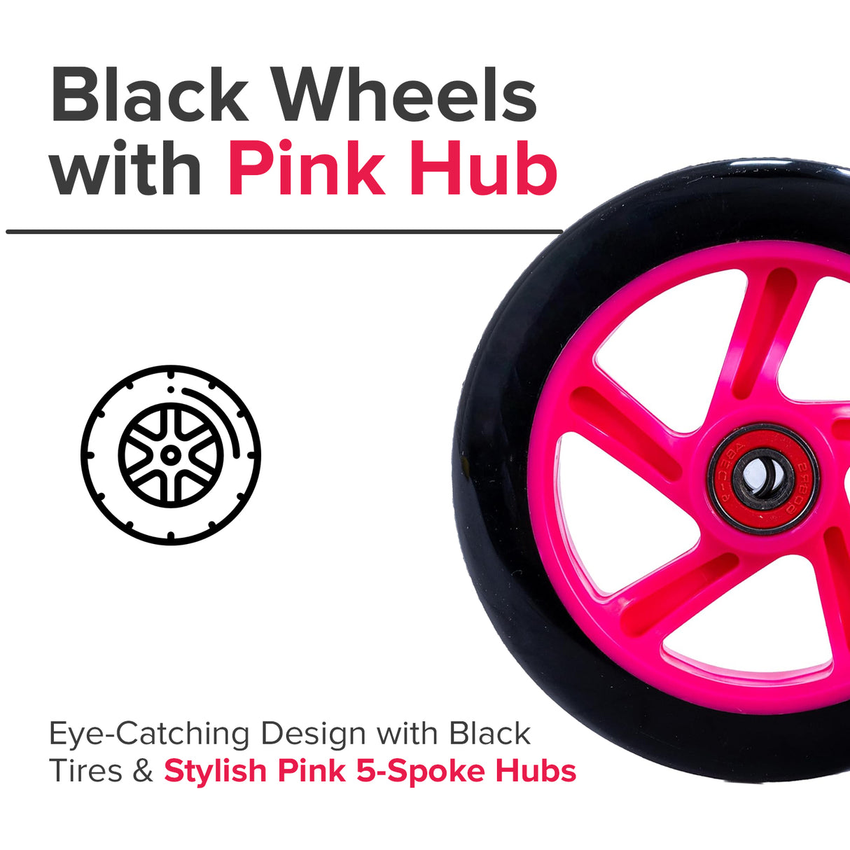 125 mm Kick Scooter Wheel with Black Wheel, Pink Hub, & Bearings (Set of Two)