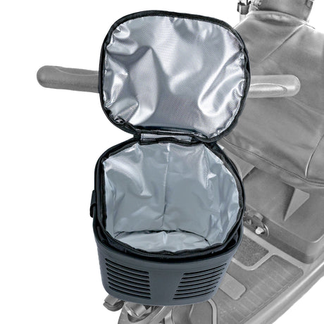 Insulated Front Basket Bag for Mobility Scooters attached to a scooter, showcasing its zippered main compartment and high-quality insulated lining designed for additional storage capacity.