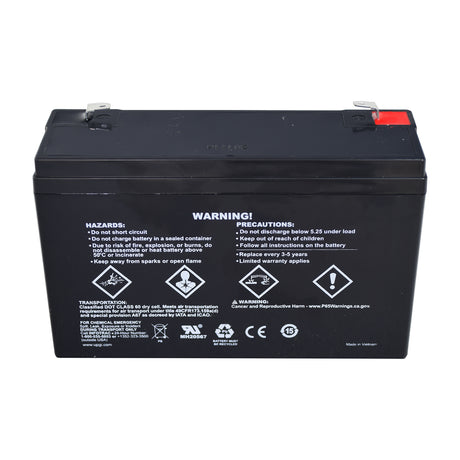 6 Volt 12 Ah Battery for the Razor Bumper Buggie, black with white text and symbols, sealed lead acid design with absorbed glass mat technology ensuring spill-proof stability.