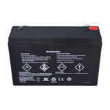 6 Volt 7 Ah Battery for Huffy Ride-On Toys featuring black casing with white text and symbols, providing safe, spill-proof, maintenance-free power for Huffy Flat Kart and Disney Minnie ride-ons.