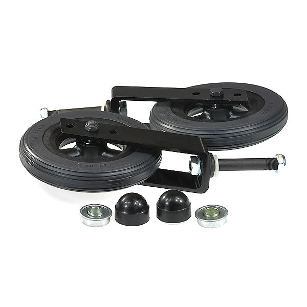 Front Caster and Fork Assembly Set for Invacare At'm and At'm QT Take Along Power Chairs, showing a black wheel with metal parts, part of the caster and fork assembly set.