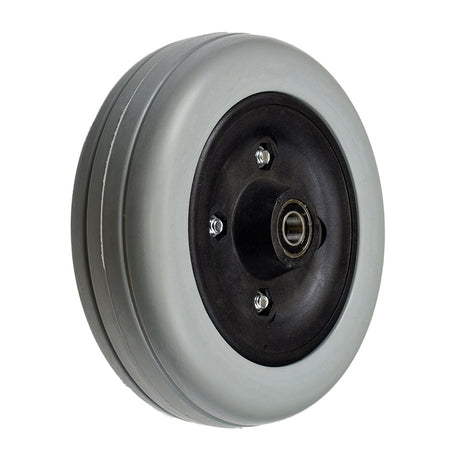 6x2 Invacare-Style Urethane Caster Wheel with Offset Bearings, featuring a black rubber rim and silver center, showcasing durable construction and integrated offset bearings for enhanced performance.