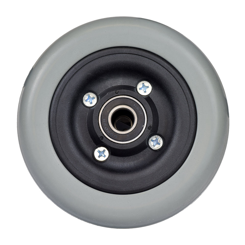 6x2 Invacare-Style Urethane Caster Wheel with Offset Bearings featuring a black rubber rim, visible close-up details of bearings, and a sturdy black and silver design for enhanced durability.