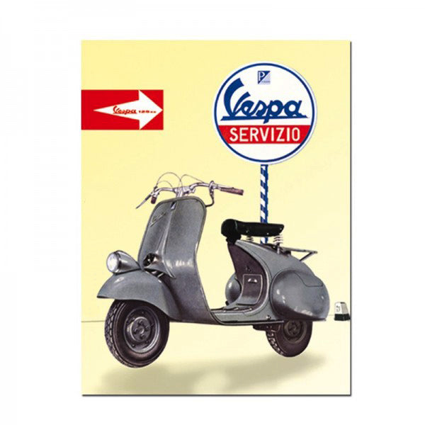 6 x 8 Vespa Servizio Scooter Metal Sign featuring a retro grey scooter with handlebar and Vespa logo, ideal for classic scooter enthusiasts.