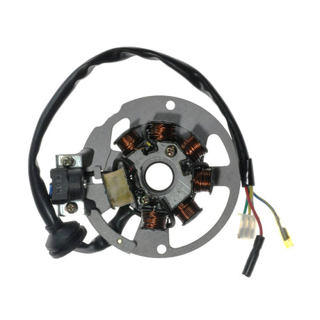 7 Coil Magneto Stator with 3+2 Wiring Connector for 1PE40QMB Minarelli Yamaha Jog Style Scooter Engines, featuring a small electrical device with visible wires and components.