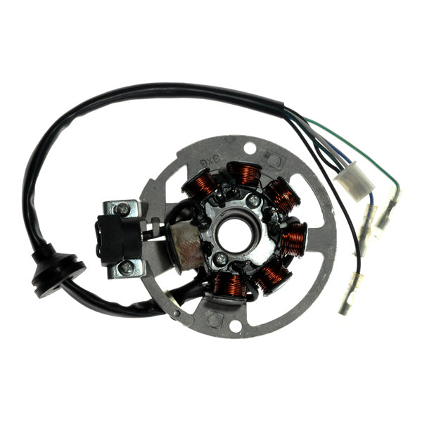 7 Coil Magneto Stator with 3+3 Wiring Connector for 1PE40QMB Minarelli Yamaha Jog Style Scooter Engines, featuring a small metal device with visible coils and wires.