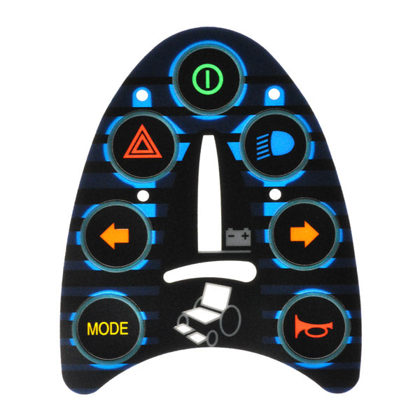 7 Key Remote Plus Joystick Controller Keypad for Jazzy, Permobil, & Quantum Powerchairs, featuring blue and white buttons with labeled keys like Battery meter, Horn, Mode, On/off, Speed, and accessory indicators.