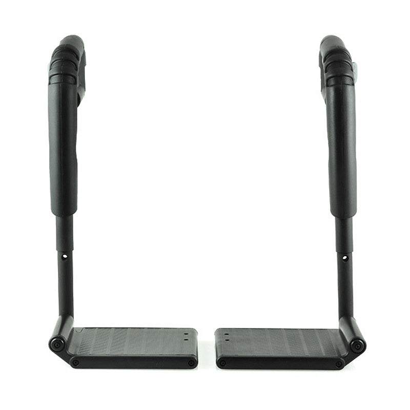 70 Degree Swing-Away Leg Rest Assembly for Jazzy, Jet, and Quantum Power Chairs (Set of 2), featuring black plastic hand rails and metal legs for enhanced comfort and knee support.